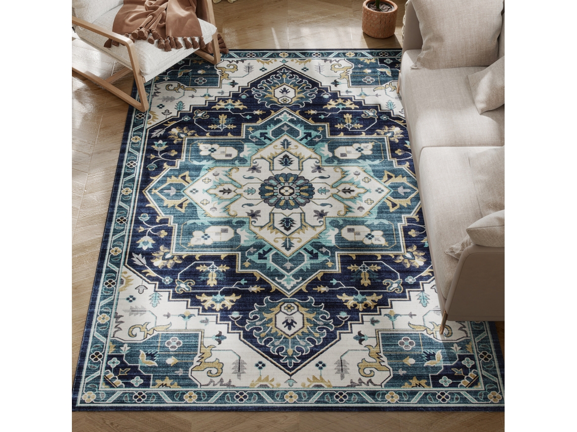 Tapete Boêmio Multicolorido Antiderrapante E Lavável, Para Sala De Estar Quarto Com Pelo Curto, 230x160 Cm,