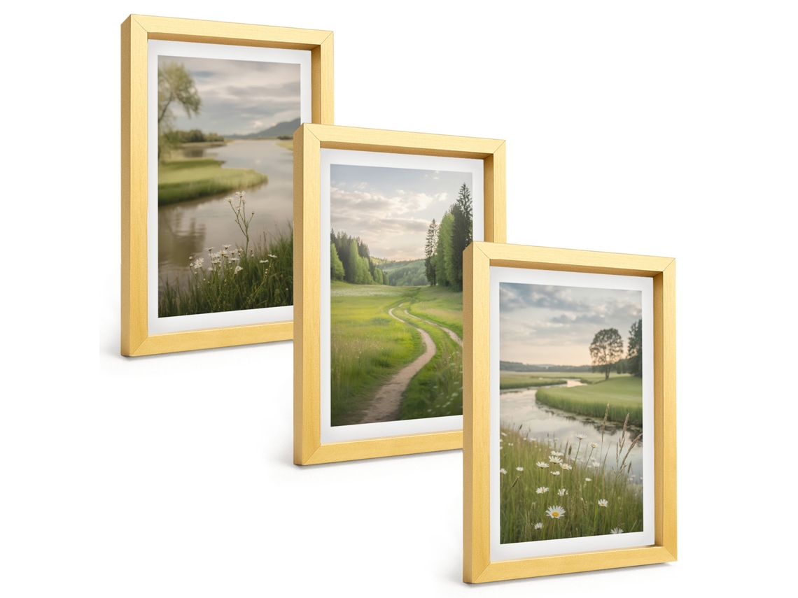 Composição De Quadrospaisagens De Verão, Rio E Prado, Flores Moldura Dourada Imagens Para Um Quarto Infantil Espelharte (3 Peças 20x30 Cm)