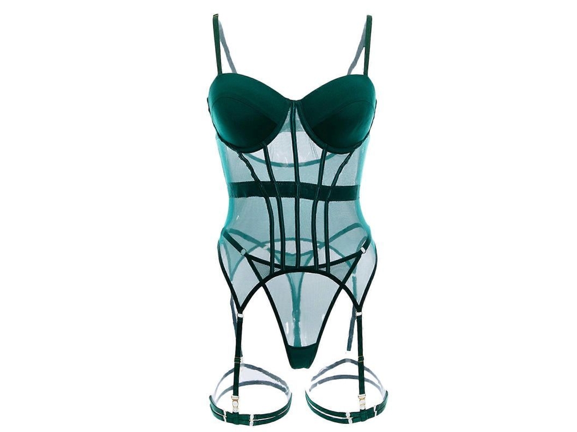 Conjunto De Lencería Sexy De Malla Babydoll Con Cinturón De Ligas Para Mujer Talla L Verde Oscuro L Verde Escuro