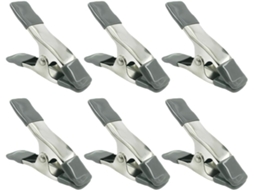 Conjunto de 6 peças de suportes e garras reforçadas em ferro fundido para fundos fotográficos, com design ergonômico.