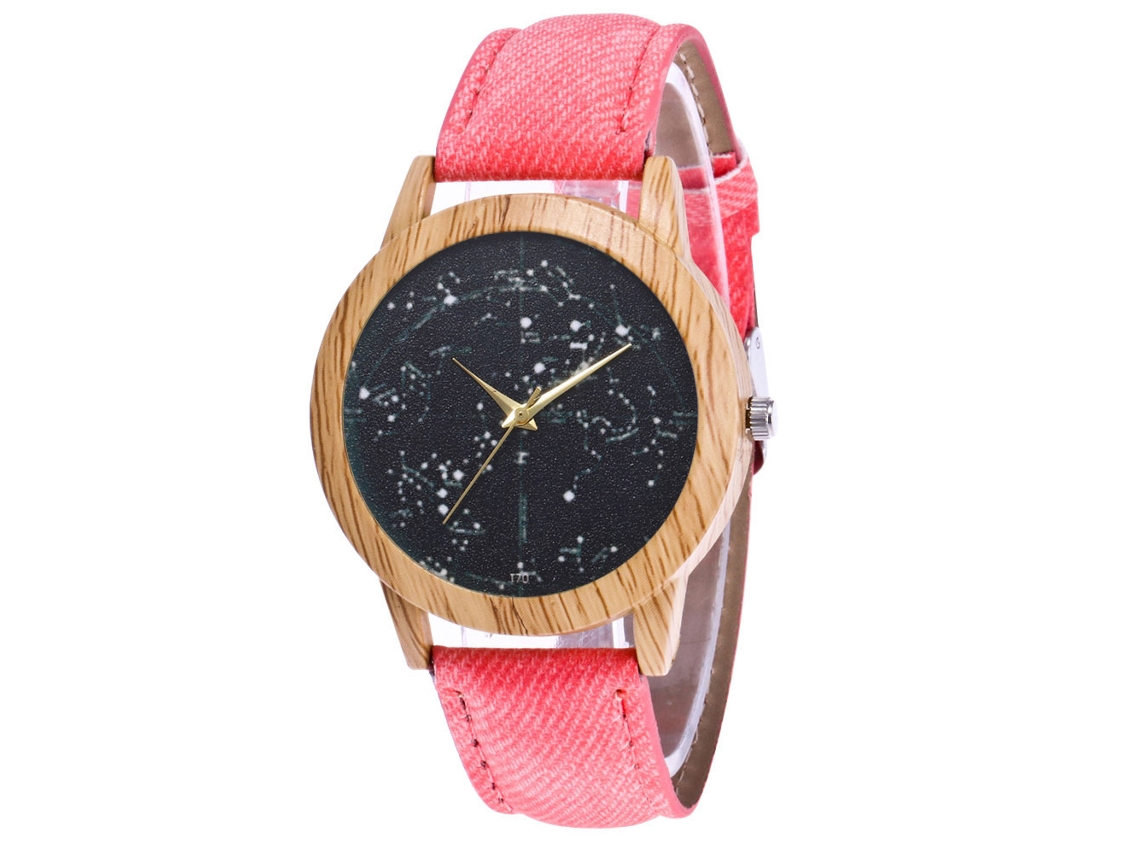 Relógio casual de quartzo com pulseira de jeans e estampa de céu estrelado para homens e mulheres, rosa.