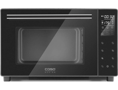 Mini-forno CASO TO 32  (Capacidade: 32 L - 1870 W) — Corpo com isolameto termico ultra eficaz ( norma EK1), 5 funções, temporizador de 1 a 299min, temperatura de 35 a 230º, revestimento interior anti-aderente, inclui gavetas para migalhas, assadeira, grelha e pedra para pizza.