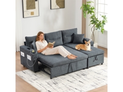 Sofá 3 Lugares Linho, Armazenamento, Porta-copos, Usb-c. Chaise Hidráulica E Cama Com Gavetas – Design Une Conforto E Acolhimento.