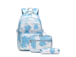 Mochila De Três Peças Com Estampa Contrastante Para Estudantes, À Prova D'água, Azul Claro, 18 Polegadas