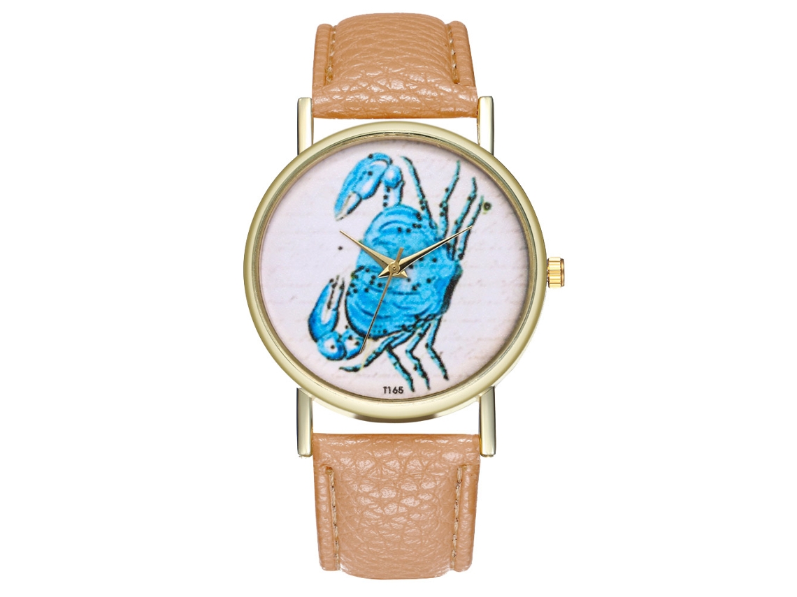 Relógio de pulso de quartzo com pulseira de couro PU, design simples de caranguejo em estilo cartoon, bege T165-a
