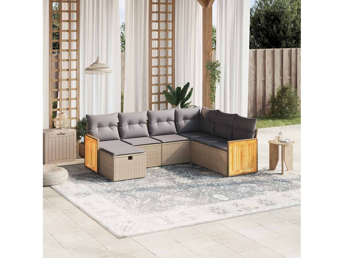 Vidaxl 7 Pcs Conj. Sofás Jardim C/ Almofadões Vime Pe Bege Misturado