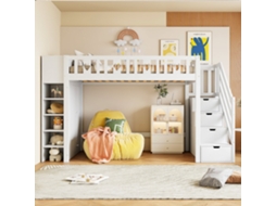 Cama beliche 90x200cm infantil com escada, gavetas, prateleiras, armário rebatível, espaço livre embaixo, branco KOMHTOM