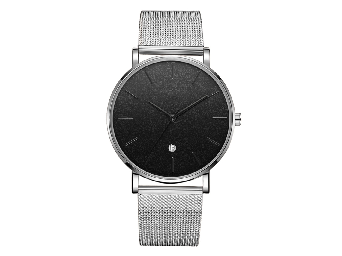 Reloj De Pulsera Analógico De Cuarzo Con Dial Redondo De Moda (cinturón Plata, Caja Plata, Espejo Negro, Agujas Negras)