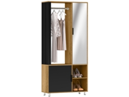 Guarda roupa com Porta Espelhada, Cabideiro, 2 Compartimentos Abertos, 80x30x170 Cm, Cores Natural e Preta. NOVAVEST COM