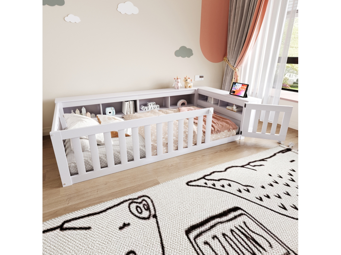 Cama Infantil 90x200 Cm Multifuncional Com Estantes E Proteção Branca