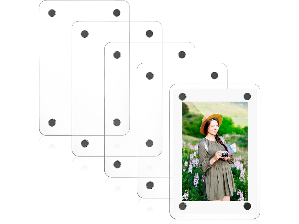 Conjunto 5 Porta Retratos Magnéticos Acrílico Transparente 60x90mm Suporte Magnético Prático Decoração GOKOCO