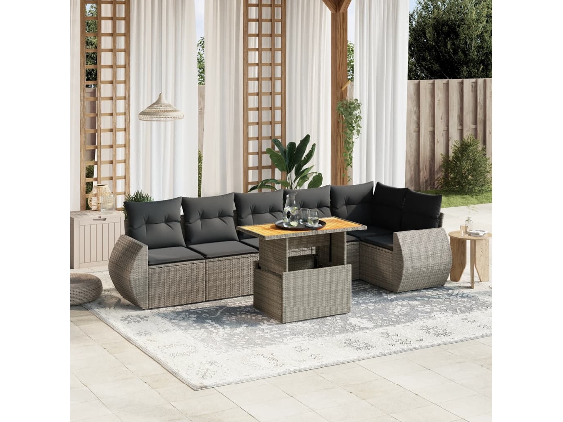 Jogo 7 Peças Sofás P/ Jardim C/ Almofadões Vime Pe Cinza Dkd Home Decor