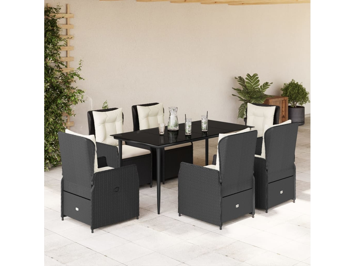 7 Pcs Conjunto De Jantar P/ Jardim C/ Almofadões Vime Pe Preto Dkd Home Decor