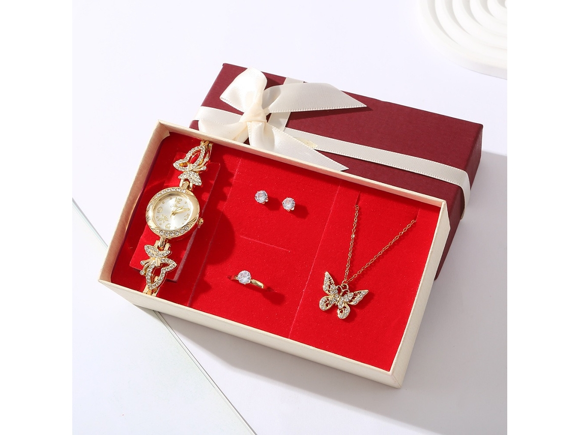 Conjunto de Presente Feminino com Relógio Butterfly, Brincos, Anel, Colar e Caixas SPQMENT