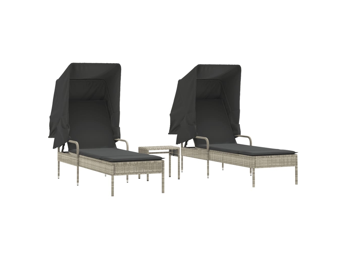 Conjunto de Espreguiçadeiras com Toldos e Mesa 2 Peças Vime Pe Cinzento Claro MAISON EXCLUSIVE