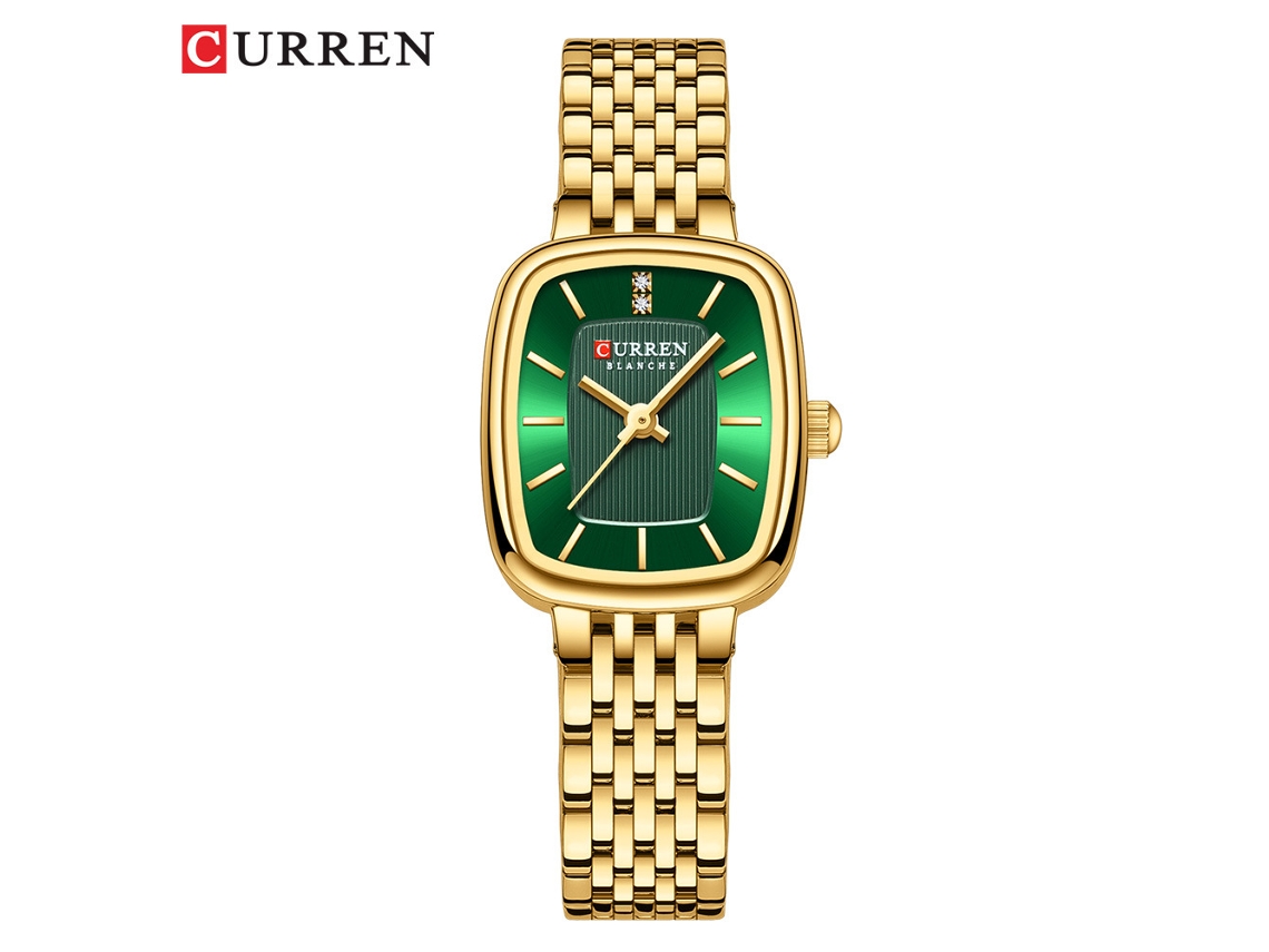(pulseira Dourada, Caixa Dourada, Mostrador Verde) Relógio Feminino Elegante, Design Quadrado, Pulseira De Aço, Simples E Casual.
