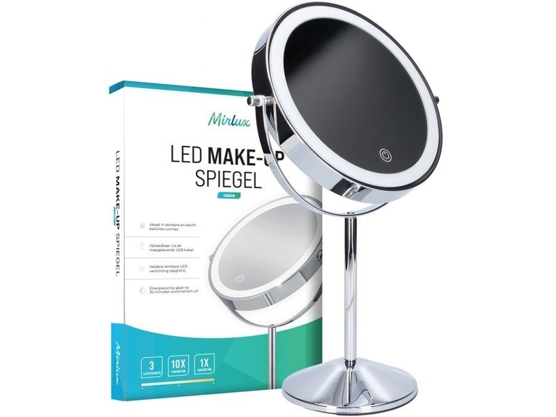 Espelho Maquiagem Mirlux Led 10x 3 Luzes Cromado Recarregável