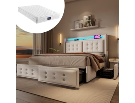 Cama Com Colchão Dupla E Cabeceira E Gavetas Estofada Led Usb-c Pangshiyaun Algodão Linho Bege (106x220x168cm)