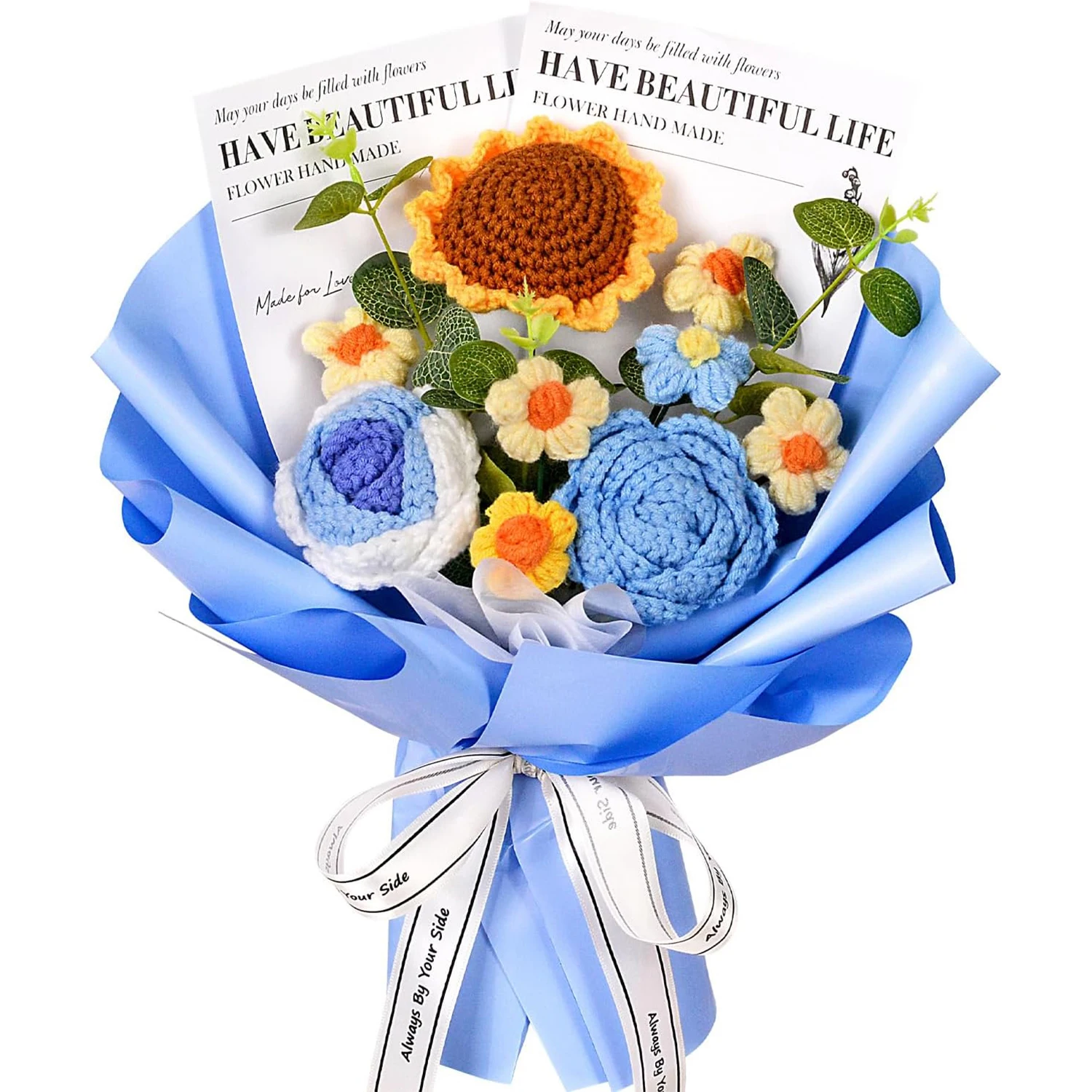 (azul) Buquê Azul Feito À Mão Em Crochê, Buquê De Girassóis Em Crochê, O Presente Perfeito.