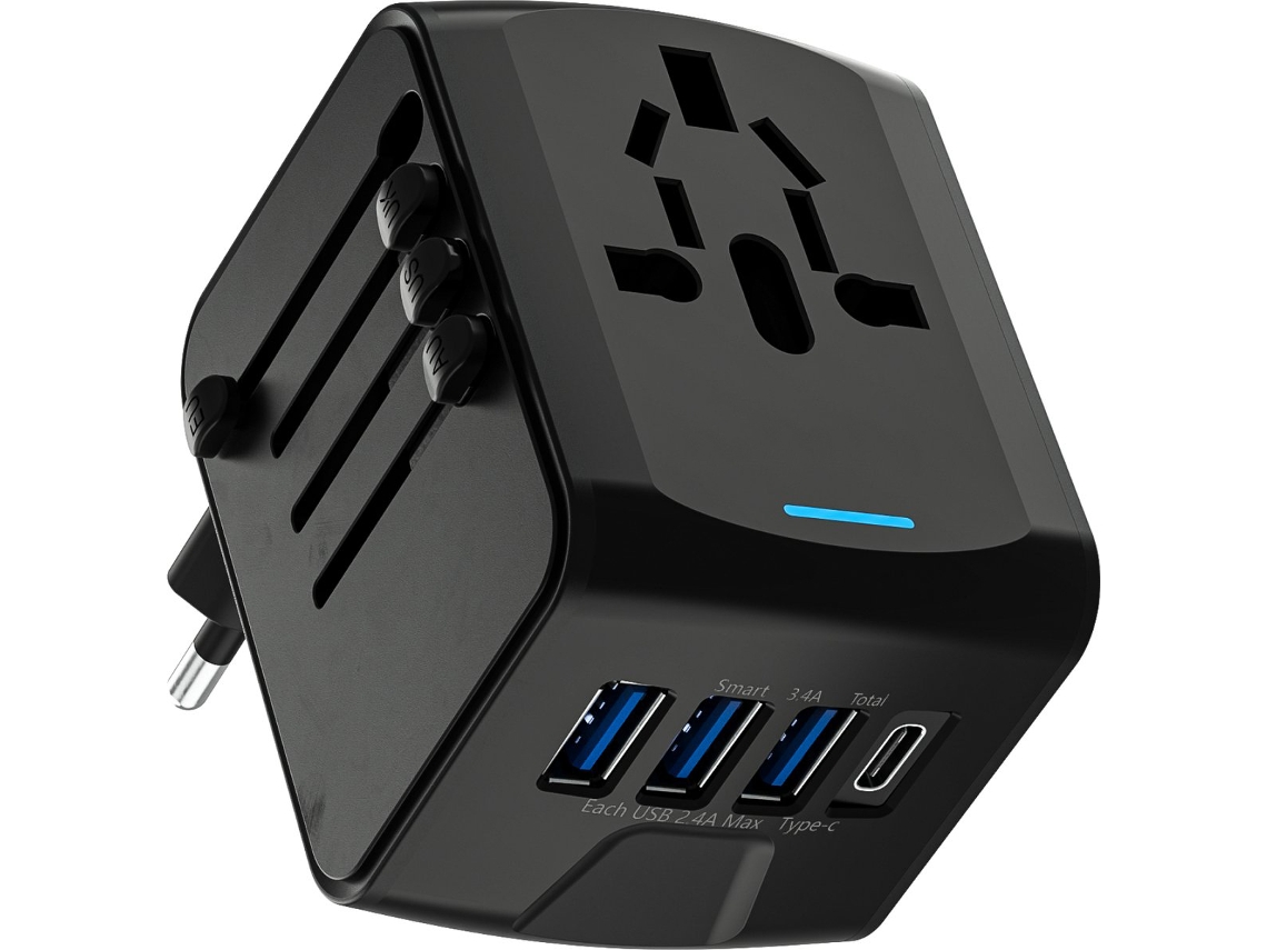 Adaptador de Viagem Universal com 3 Portas Usb, Carregamento Rápido de 2, Compatível com Tomadas da Ue, Eua, Au e Ásia AQUAFORGE