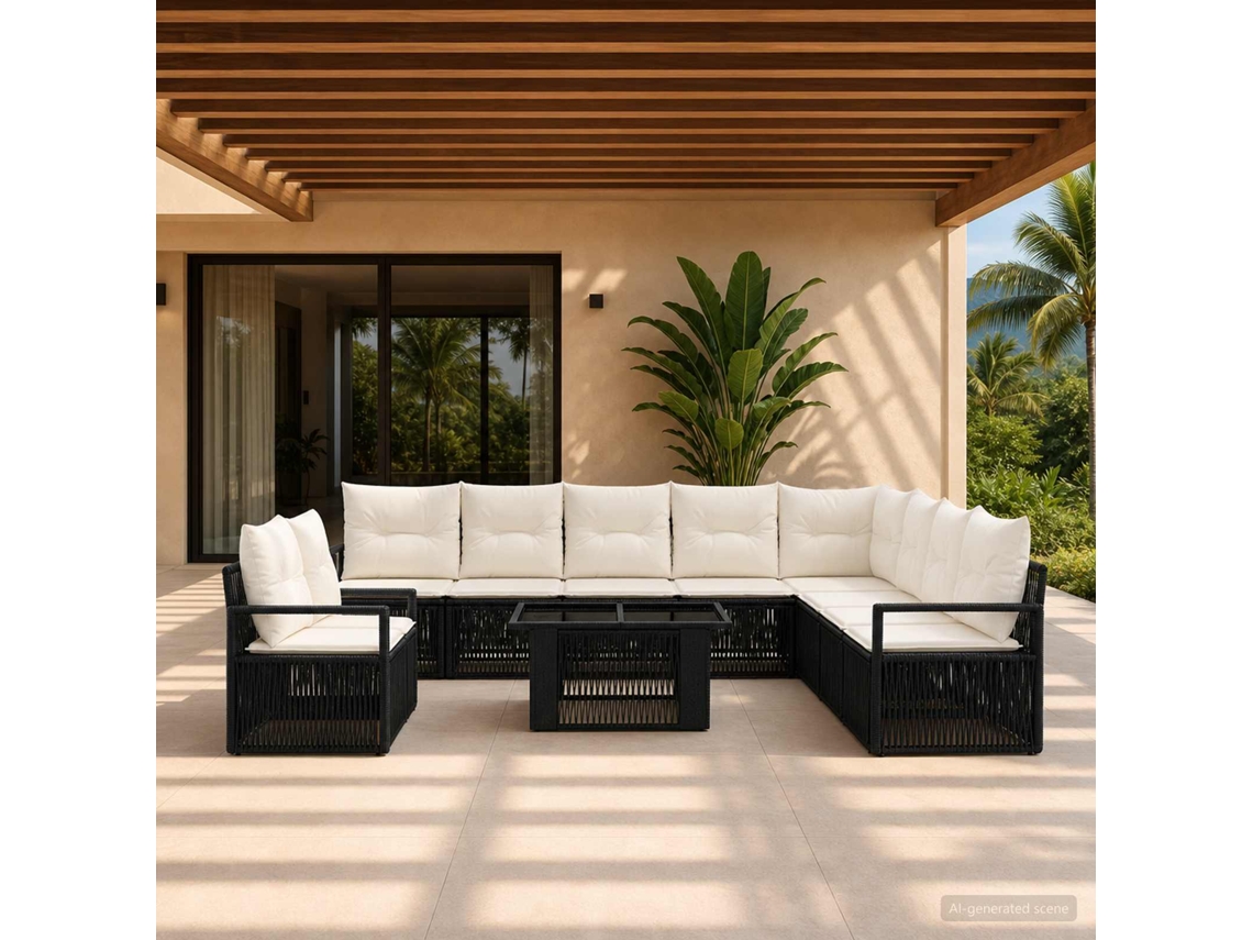 Vidaxl Conjunto De Sofá De Jardim 11 Unid. Preto E Branco Creme