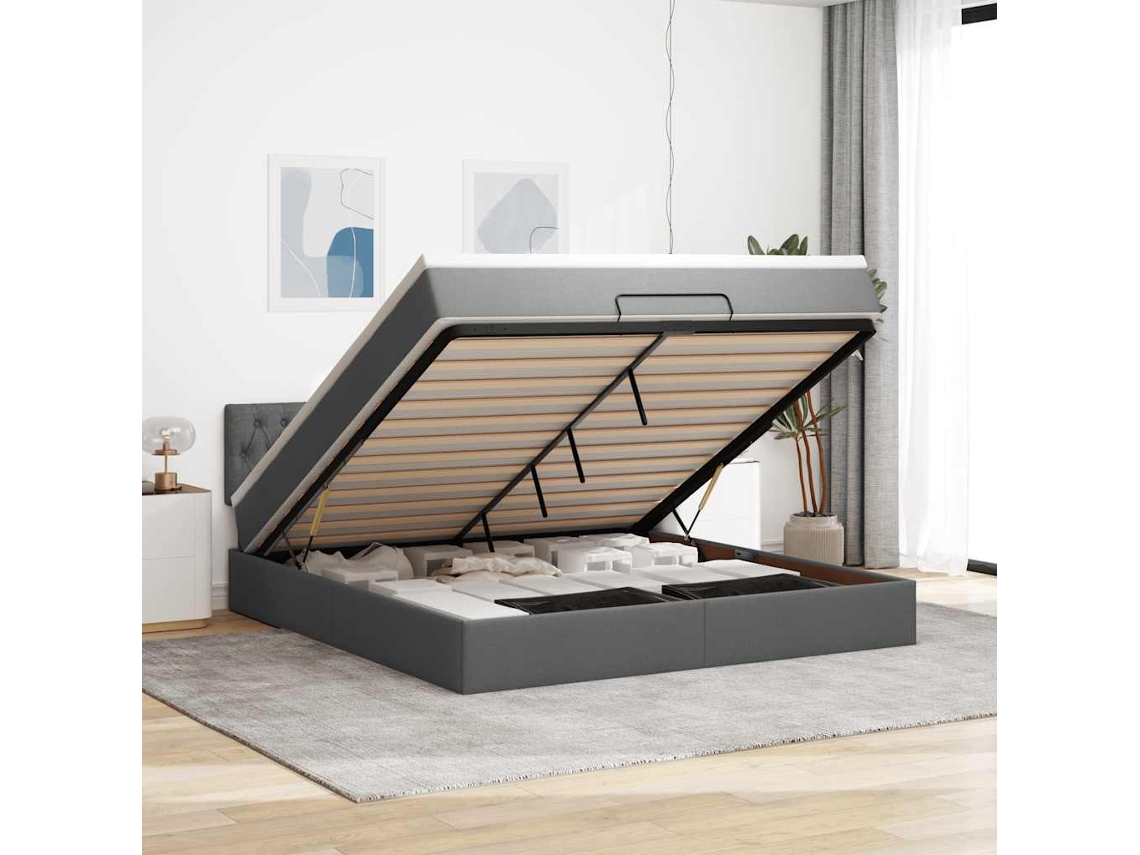 Vidaxl Estrutura De Cama Otomana Com Colchão Tecido Cinzento Escuro