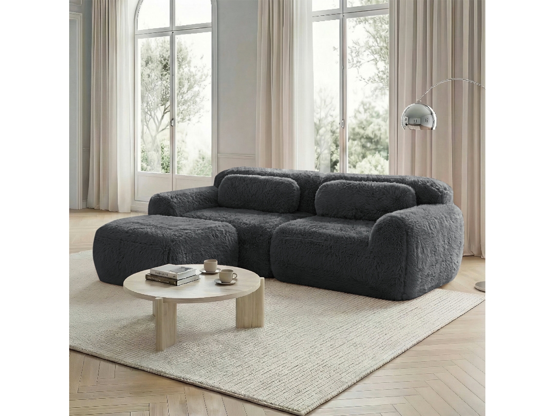 Sofá Em L 2 Lugares Em Tecido Peluche Cinza, Modular E Sem Montagem