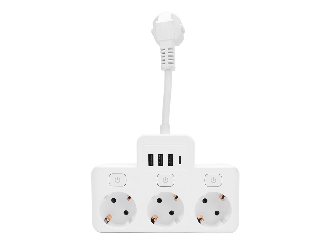 Primeiro painel de energia de 3 tomadas com botão de plugue plano, 3 portas USB e protetor contra surtos tipo C.