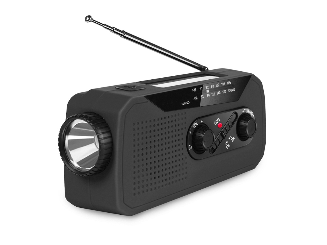 Rádio Portátil com Manivela e Energia Solar, Autossuficiente, Preto AQUAFORGE