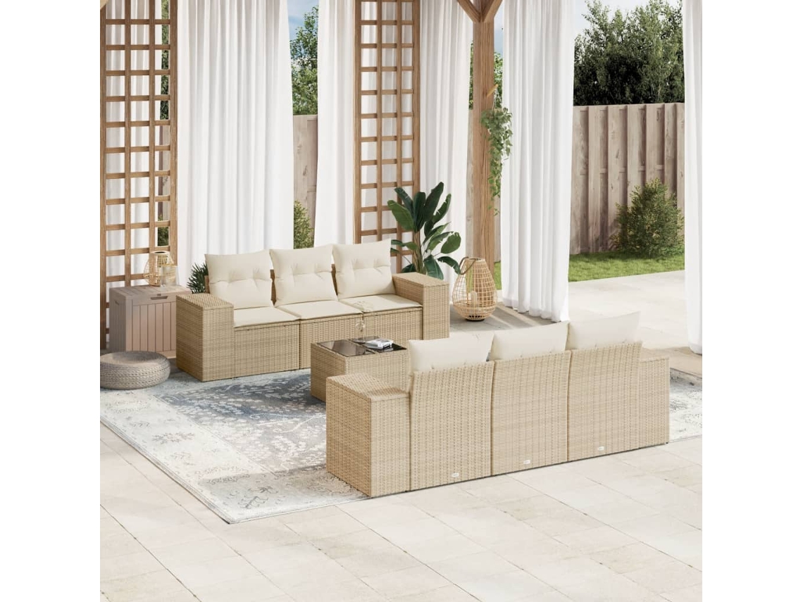 Vidaxl 7 Pcs Conjunto De Sofás P/ Jardim Com Almofadões Vime Pe Bege