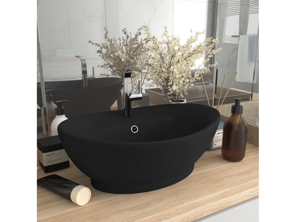 Vidaxl Lavatório Luxuoso Oval 58,5x39 Cm Cerâmica Preto Mate