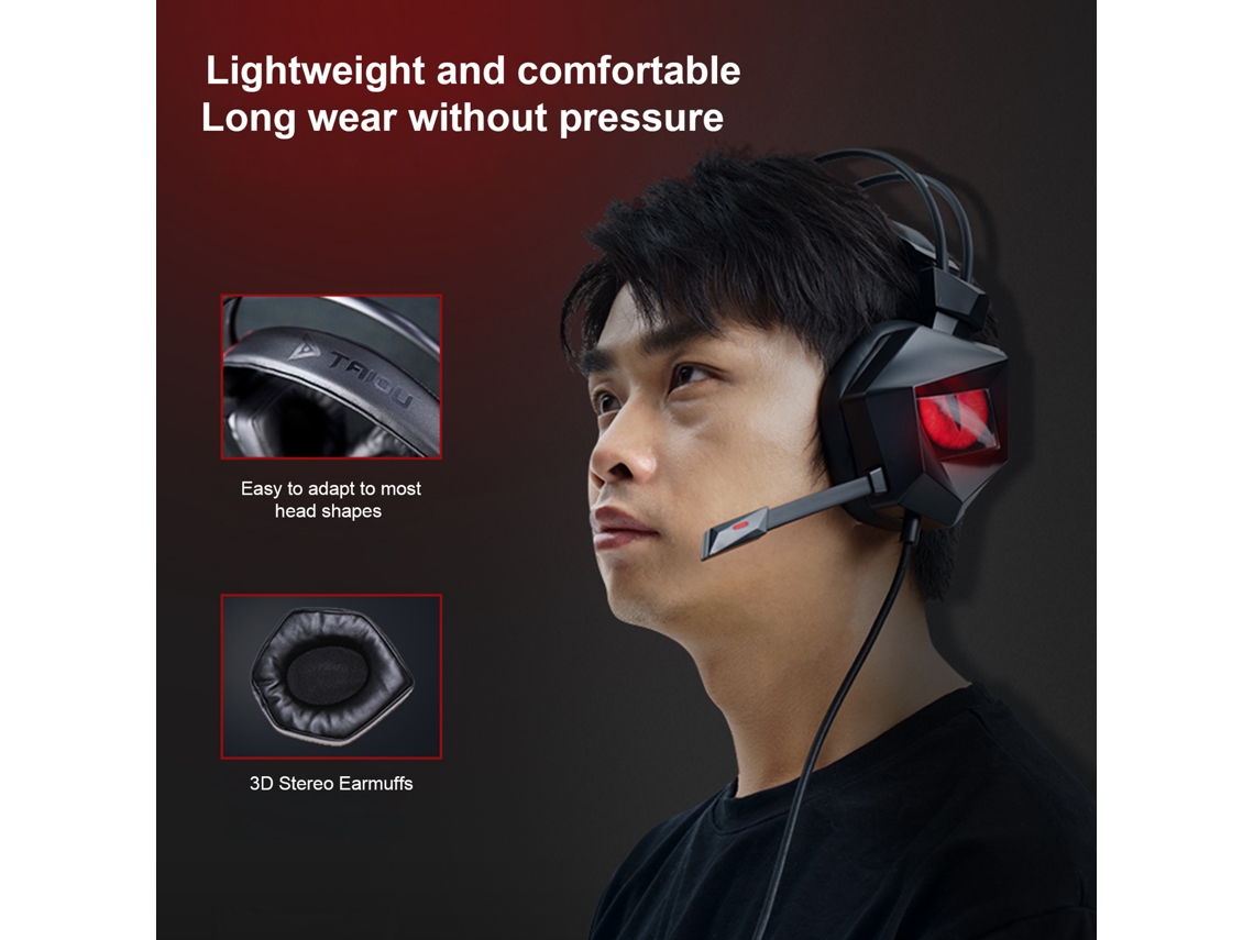 Auriculares para Juegos Usb con Cable Taiou, Sonido Envolvente 7.1, Micrófono y Luces Led Rojas, para Pc y Portátil | S/MARCA