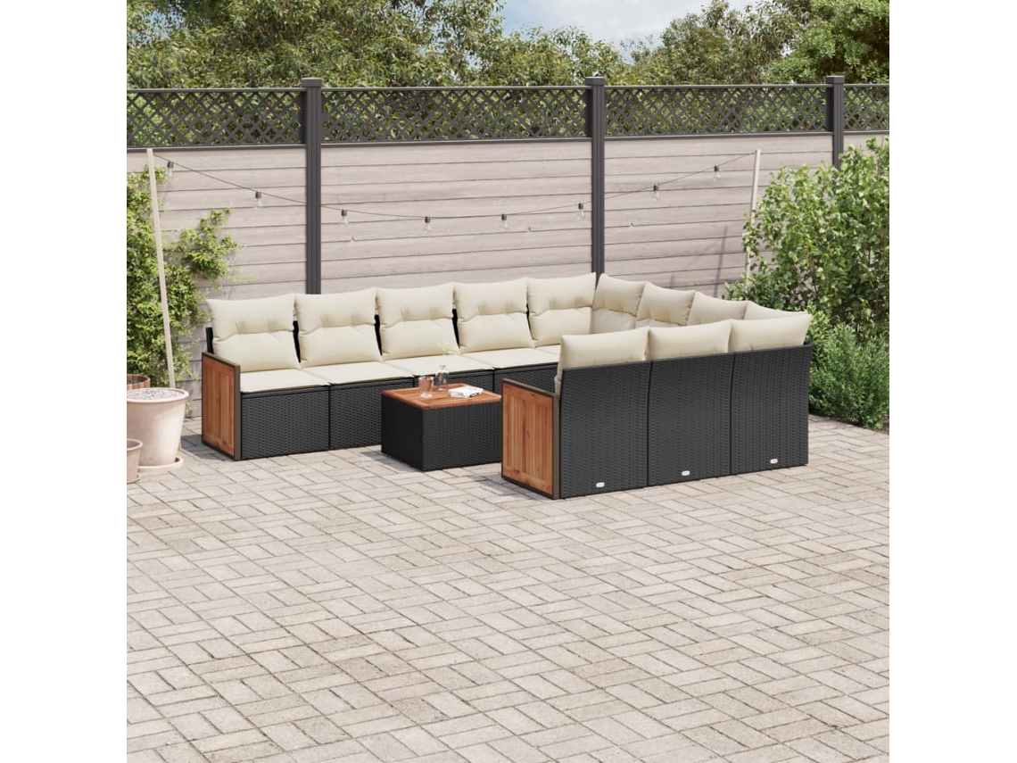 11 Pcs Conjunto Sofás De Jardim C/ Almofadões Vime Pe Preto Dkd Home Decor