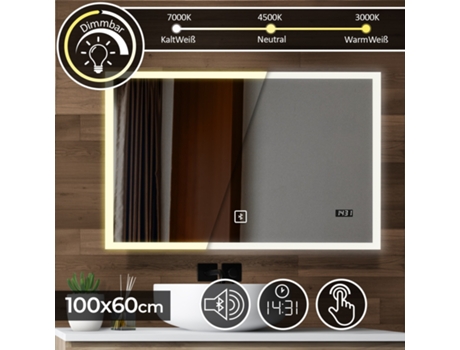 Espelho retangular de LED - 100 x 60 cm, EEC: A++, Controlo de Toque, Iluminação Traseira 3 em 1 Branco Frio, Quente, Neutro, com Altoparlante