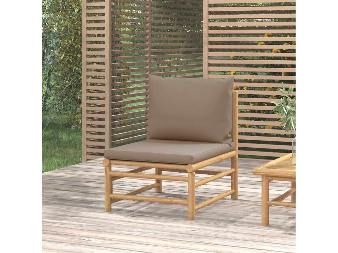 Vidaxl Sofá De Centro Jardim Bambu C/ Almofadões Cinzento-acastanhado