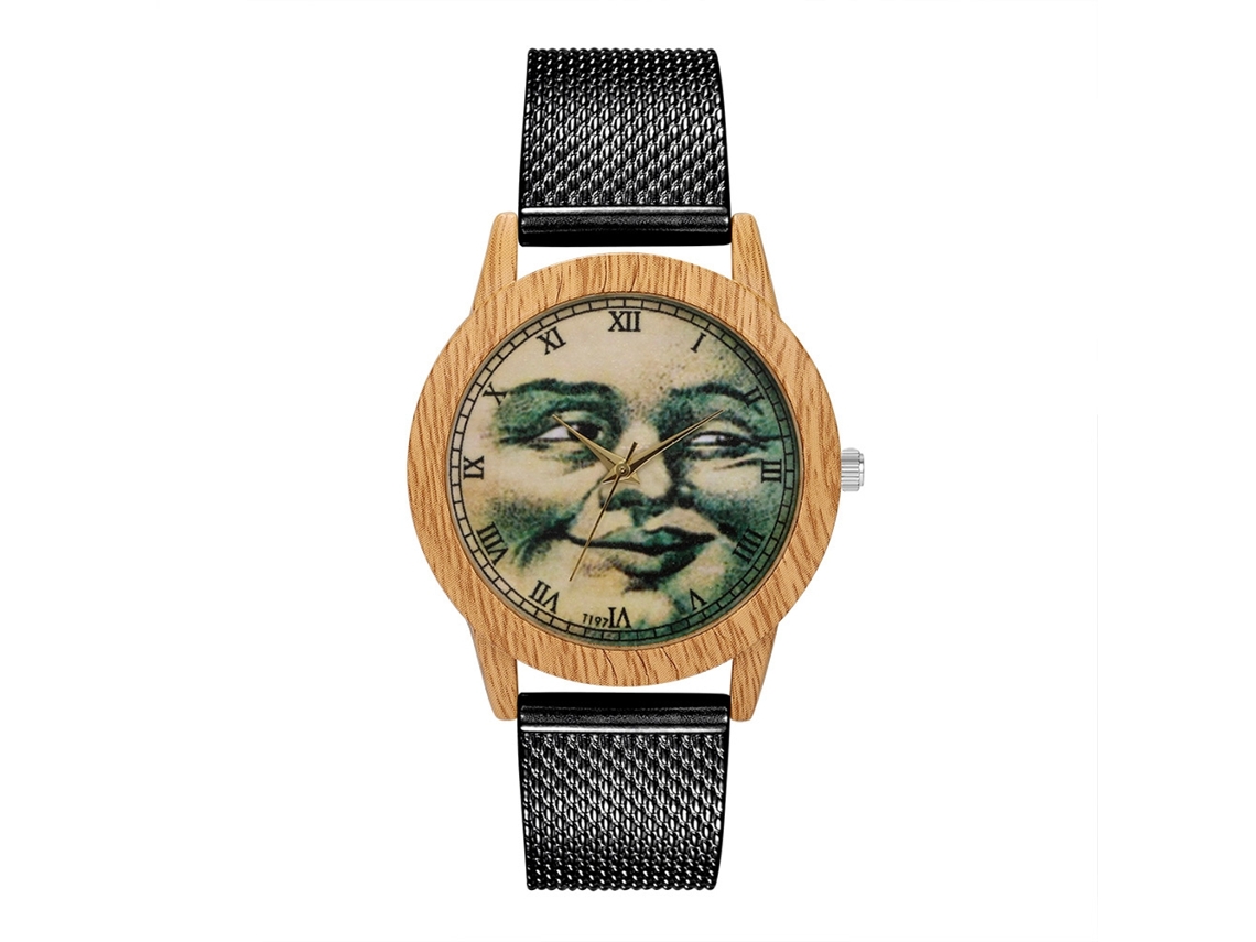 Relógio de pulso analógico de quartzo preto Zhoulianfa para homens e mulheres com pulseira de malha.