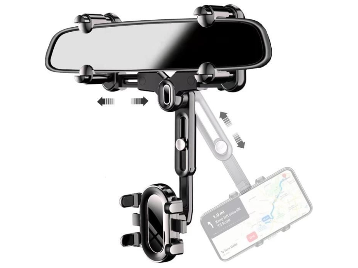 Suporte Para Celular Veicular (preto) Para Espelho Retrovisor, Ajustável, Retrátil, Com Rotação De 360° E Suporte De Navegação Para Smartphones De 4 A