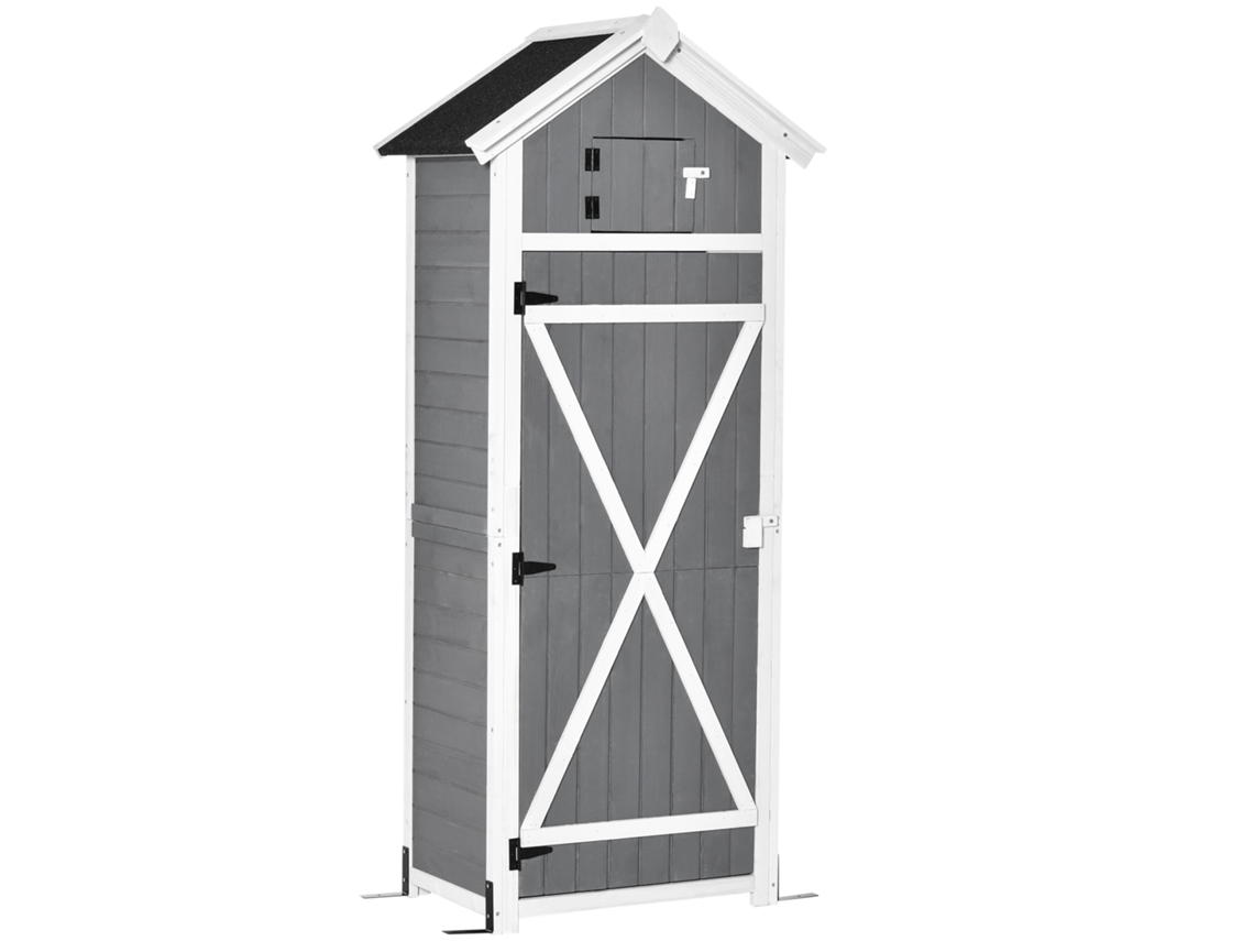 Casinha De Jardim De Madeira, Abrigo Para Ferramentas Resistente, 78x52,5x182cm, Com Porta, Telhado Inclinado, Armário Para Com Ganchos, Mesa