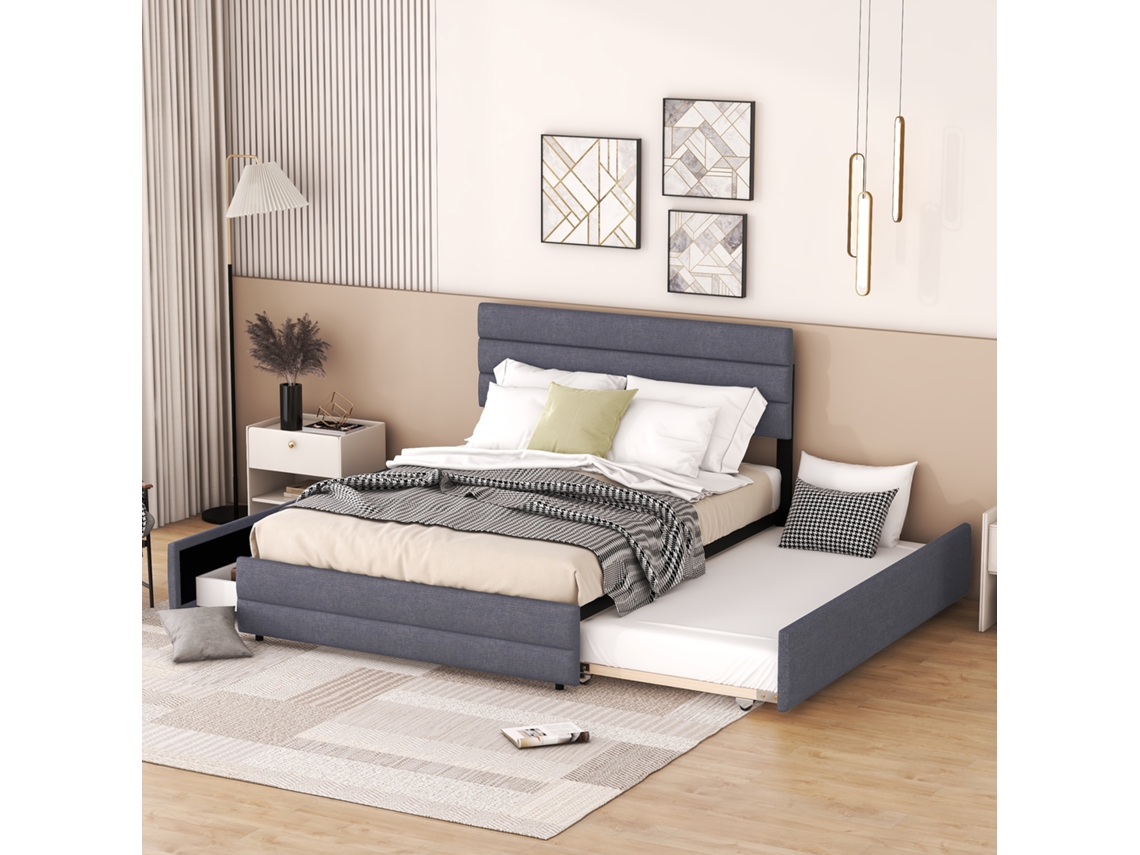 Cama De Plataforma 140x200 Com Gavetas Cinza Para Duas Pessoas