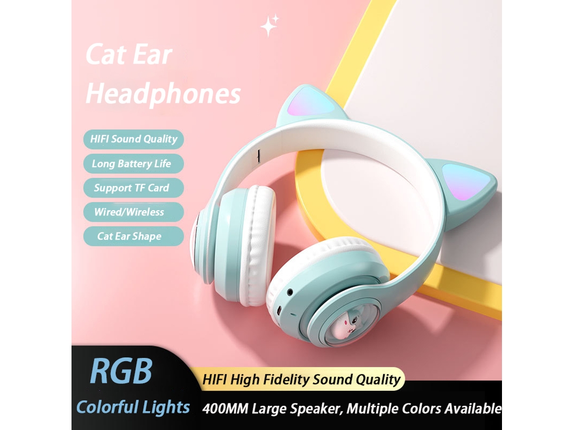 Fones de Ouvido Orelhas de Gato com iluminação RGB, microfone, som estéreo HiFi e cancelamento de ruído MDUG (verdes)
