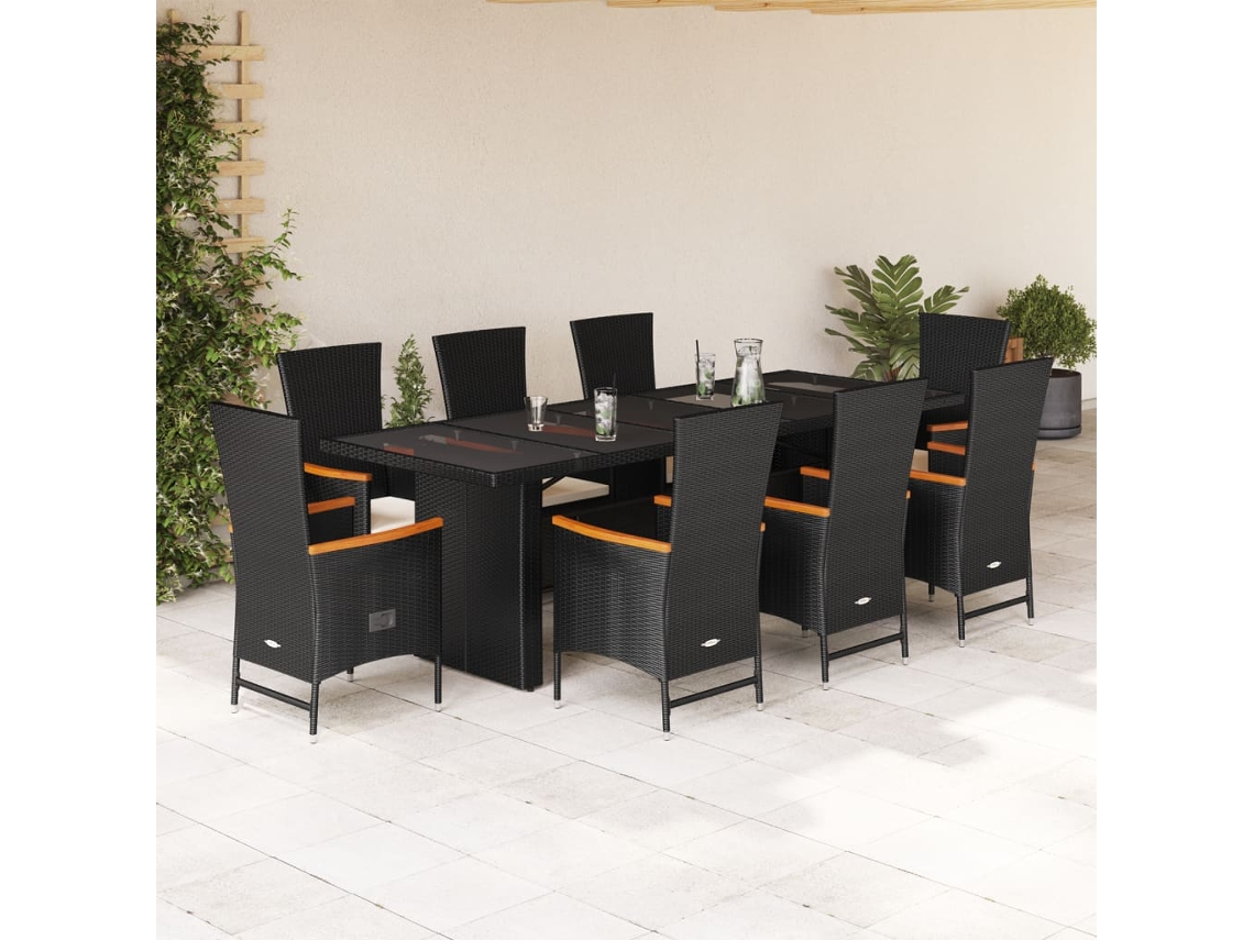 Conjunto 9 Peças Jantar P/ Jardim C/ Almofadões Vime Pe Preto Dkd Home Decor