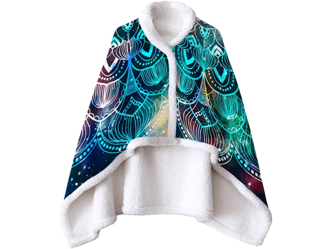 Manta Fansu Mandala Sherpa de Lã Grossa Macia e Estampada com Botões em Microfibra Ideal para o Inverno Adulto