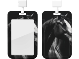 Porta-crachá com estampa de cavalo, preto e branco, com cordão, revestimento plástico impermeável, para cartões de identificação.