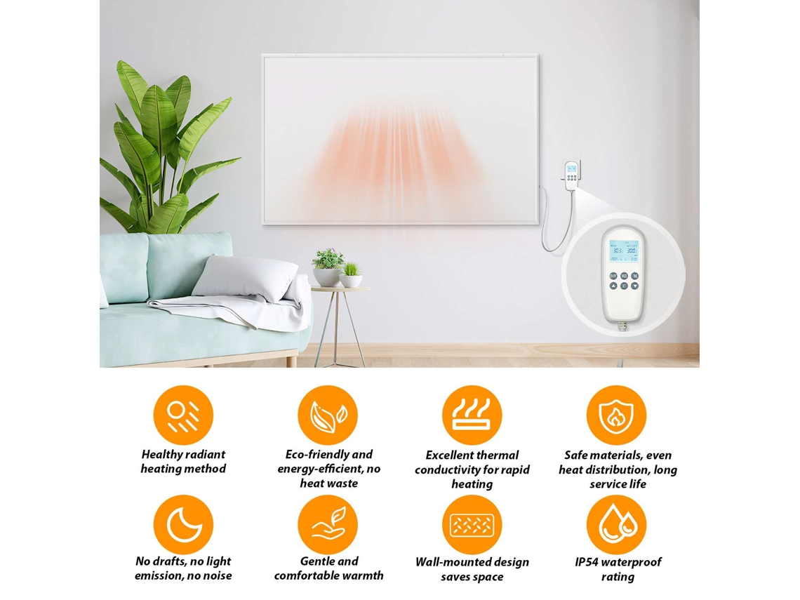 Painel Aquecimento Infravermelho 850w 122x72cm Ip54 Termóstato Com Display Montagem Parede Branco