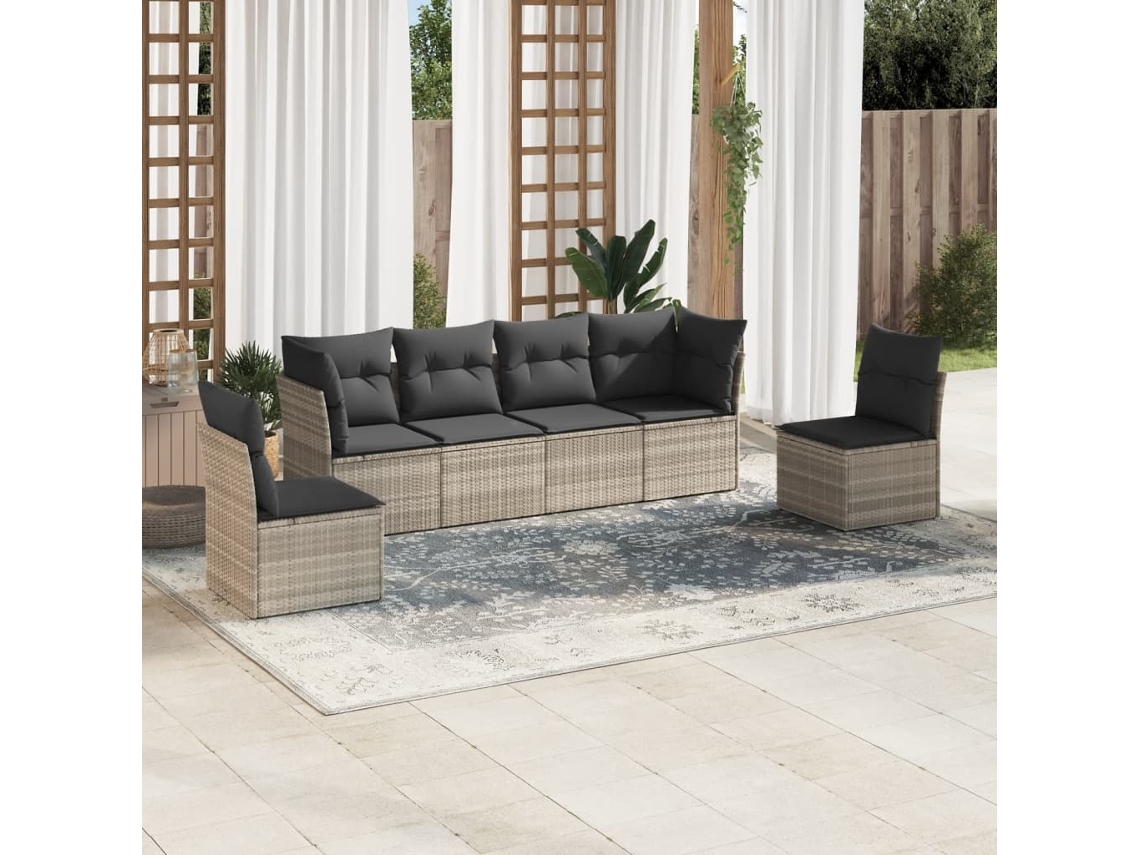 Vidaxl 6 Pcs Conj. Sofás Jardim Com Almofadões Vime Pe Cinzento-claro