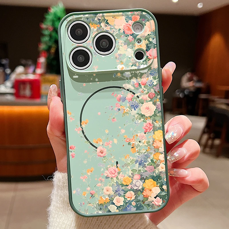 Capa Magnética Para Celular Com Estampa Floral Romântica (verde) Para Iphone 17 Pro Max, Capa Traseira Rígida.