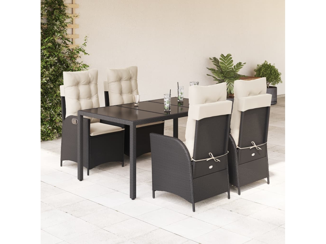 Vidaxl 5 Pcs Conjunto De Jantar P/ Jardim C/ Almofadões Vime Pe Preto