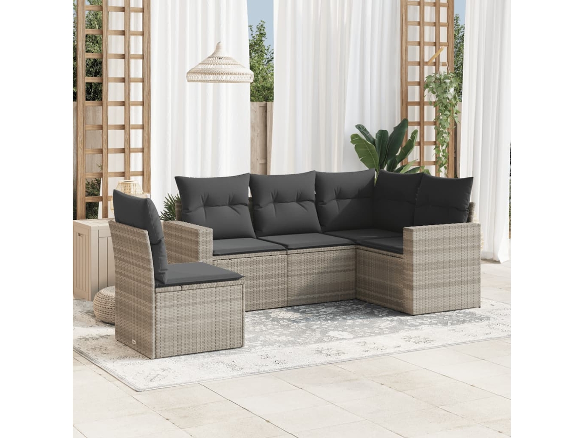 Vidaxl 5 Pcs Conj. Sofás Jardim C/ Almofadões Vime Pe Cinzento-claro