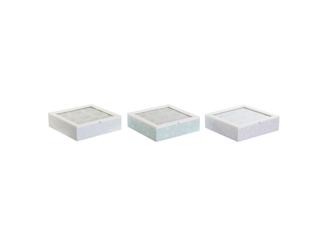 Caixa para Infusões DKD HOME DECOR Azul Branco Verde Lilás Metal Cristal Madeira Mdf 3 Unidades