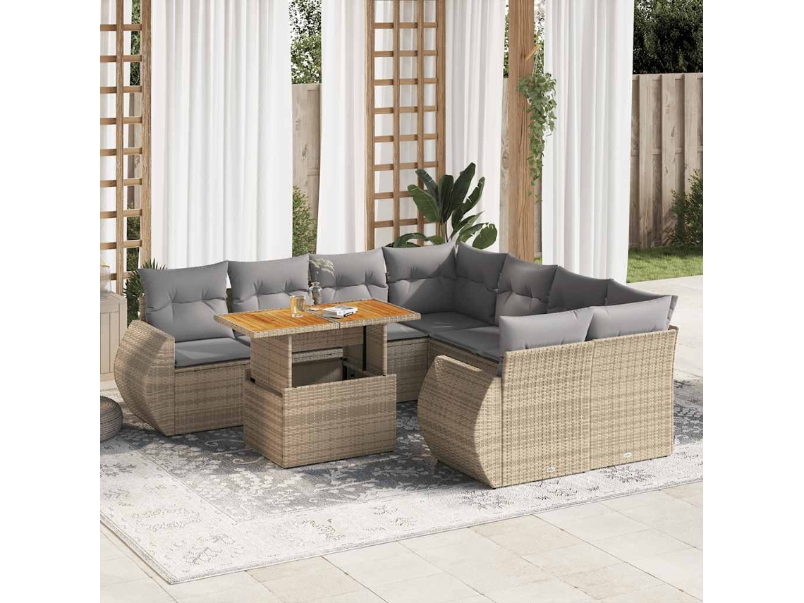Vidaxl 9 Pcs Conjunto De Sofás P/ Jardim Com Almofadões Vime Pe Bege